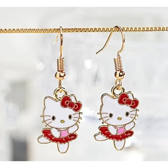Hello Kitty Dancing Gold-Tone Dangle Earrings – Cute Pierced Drop Jewelry - Picture 1 of 2